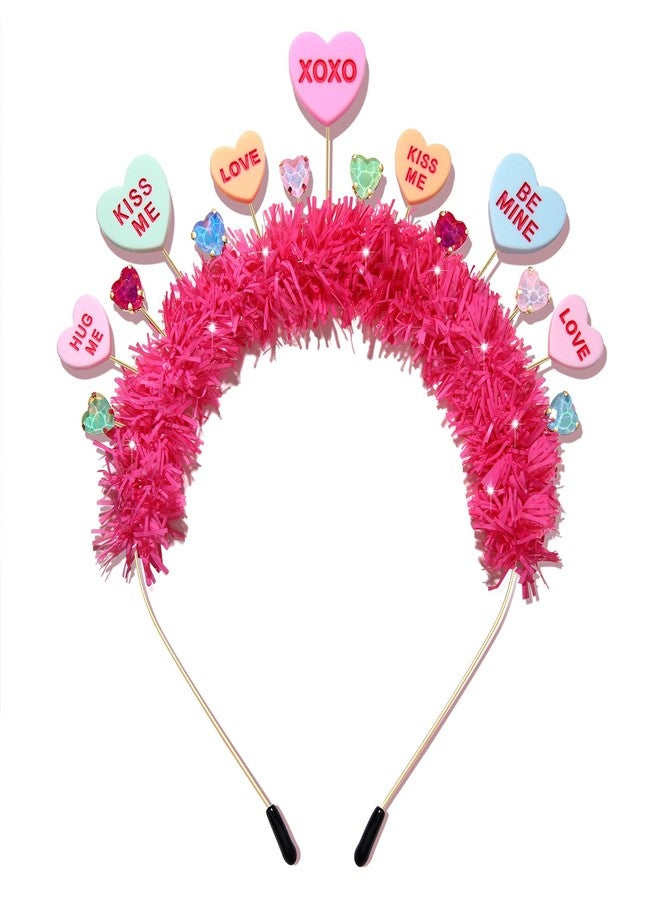 BVGA Valentines Headbands for Women Hot Pink Tinsel Wrapped Headpiece Heart Rhinestone Hairband Valentines Gifts for Her - Image 1